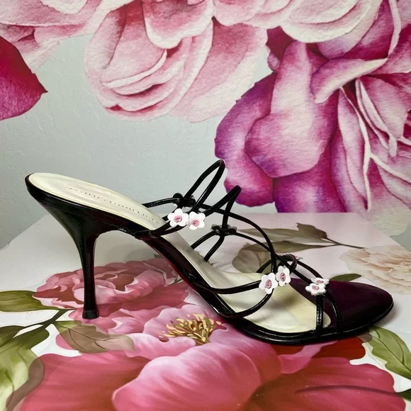 Tommy Hilfiger Black Strappy Heels with Pink Floral Accents - Picture 2 of 10
